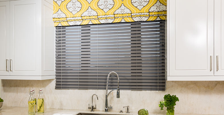 Grey Faux Wood Blinds in Kitchen