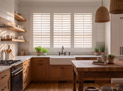 White window shutters in a bright coastal-style room