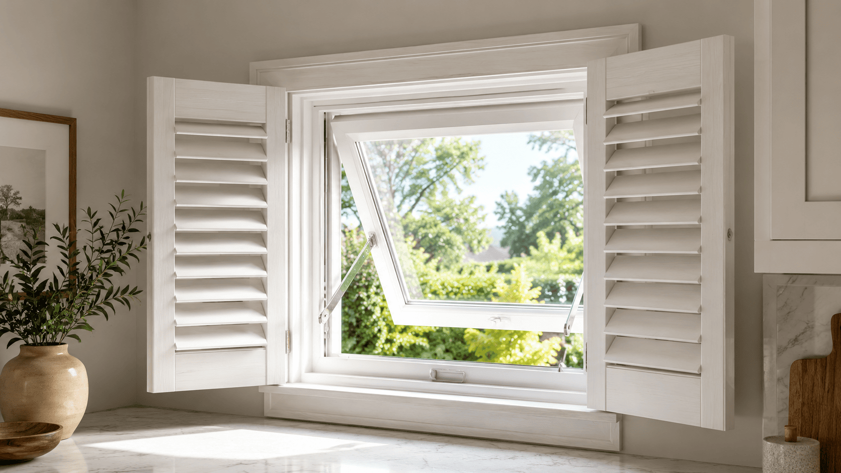 Awning window with white interior shutters