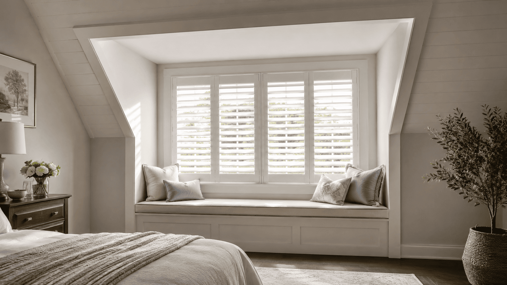 Dormer window shutters in a bright attic bedroom