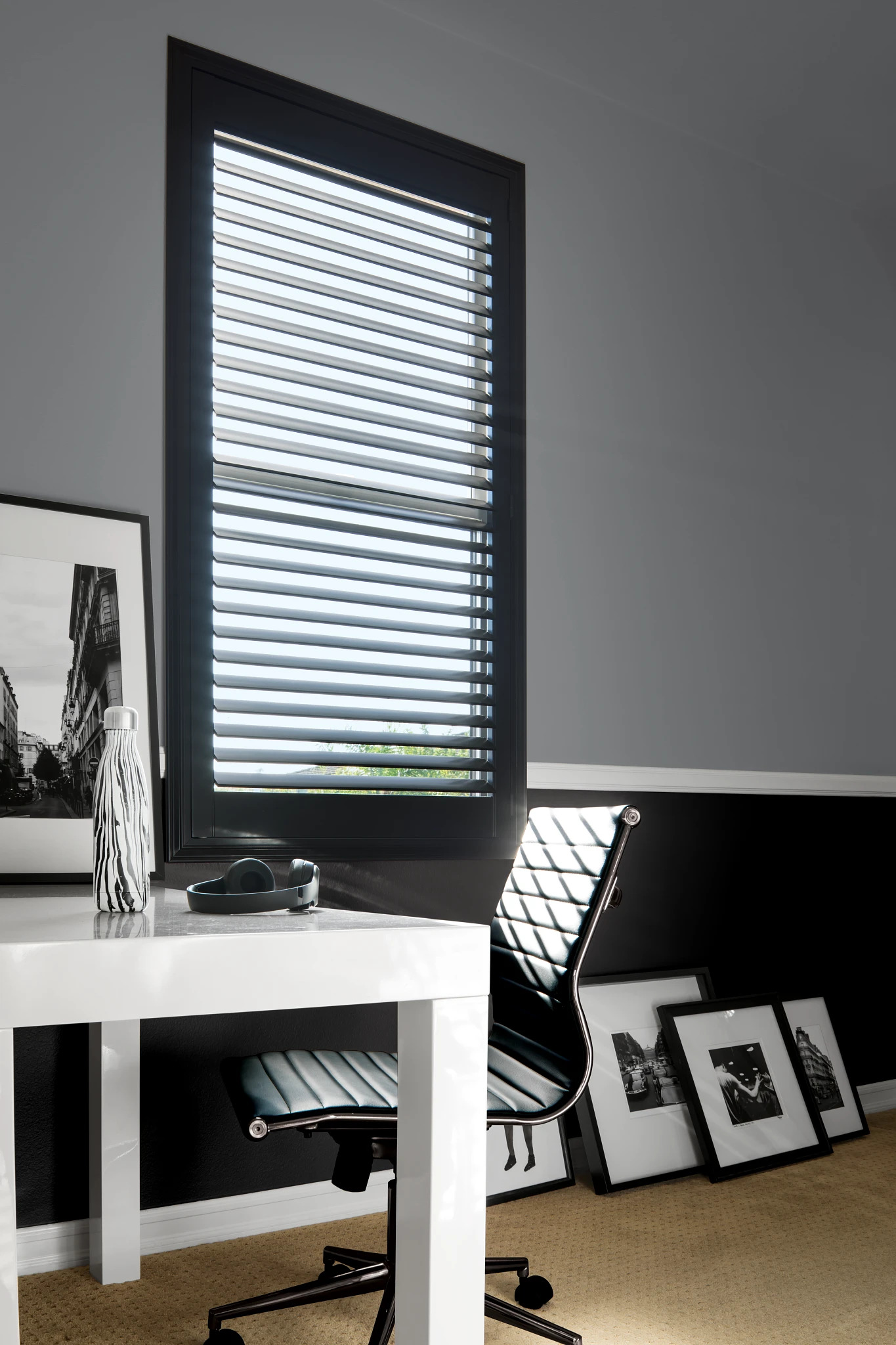 Farmhouse kitchen with white window shutters