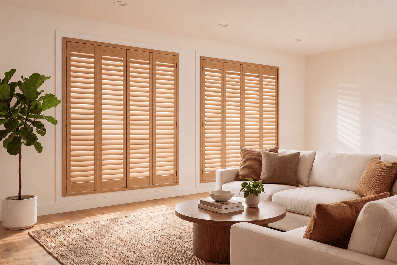 Full height shutters in a bright living room
