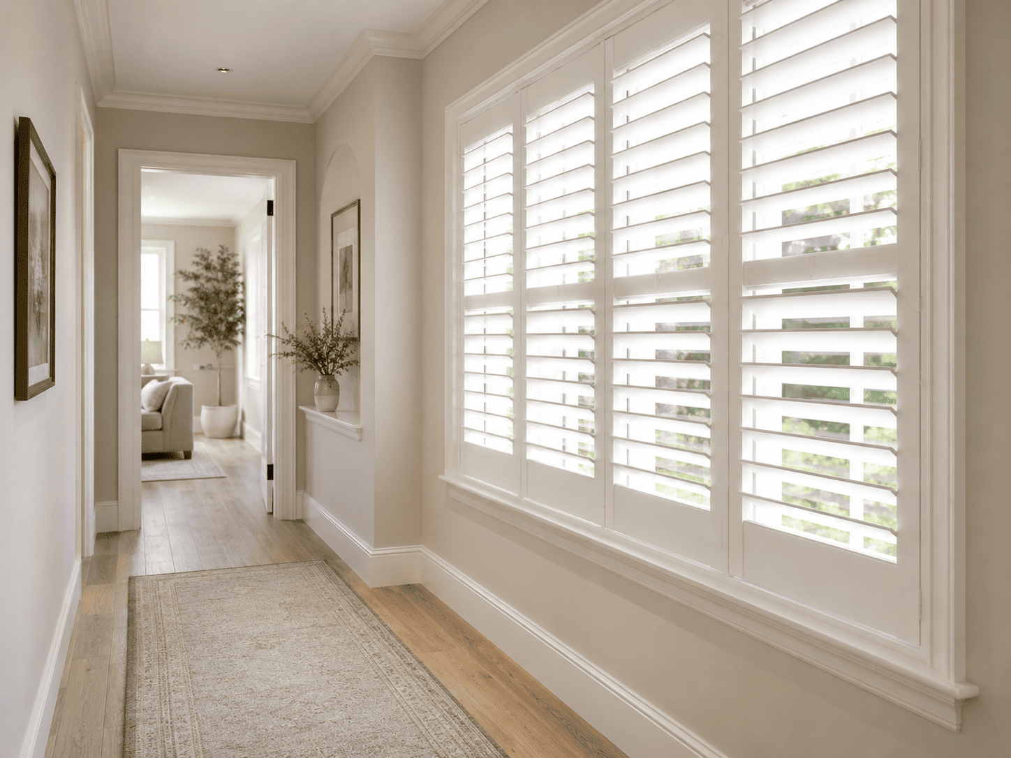 Bright hallway with white window shutters