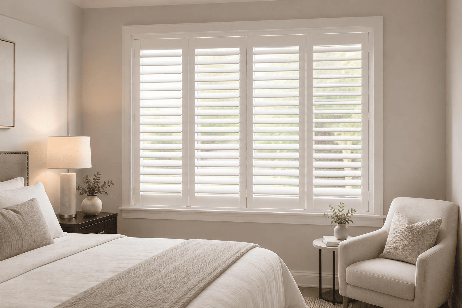 White inside mount shutters in bedroom window