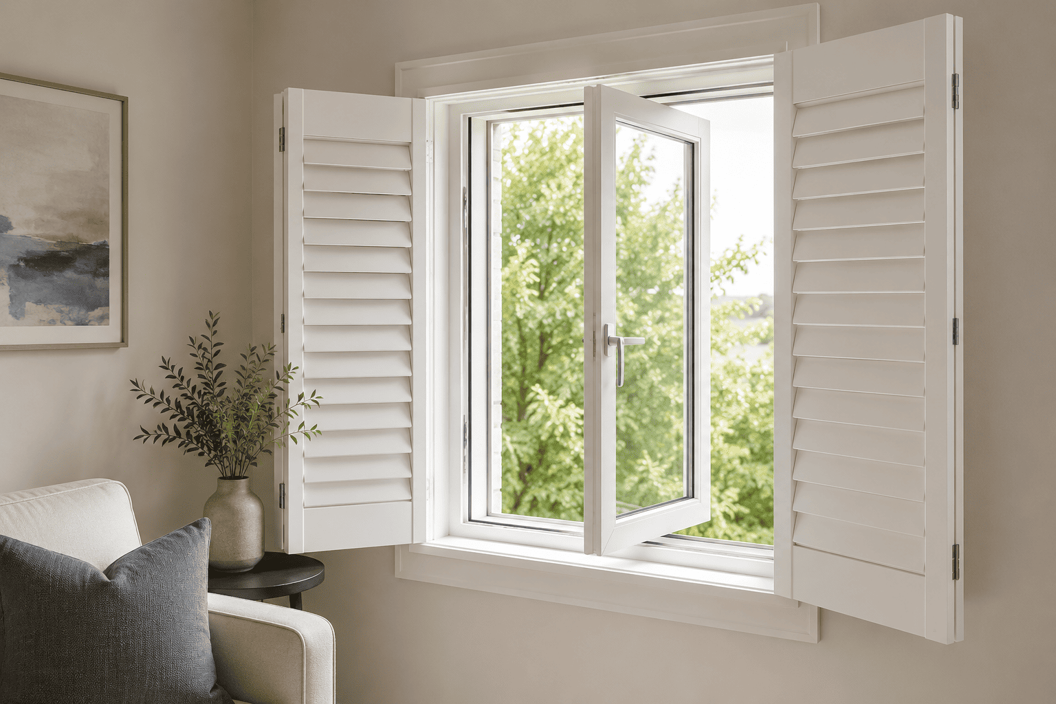 Casement window shutters in bright living room