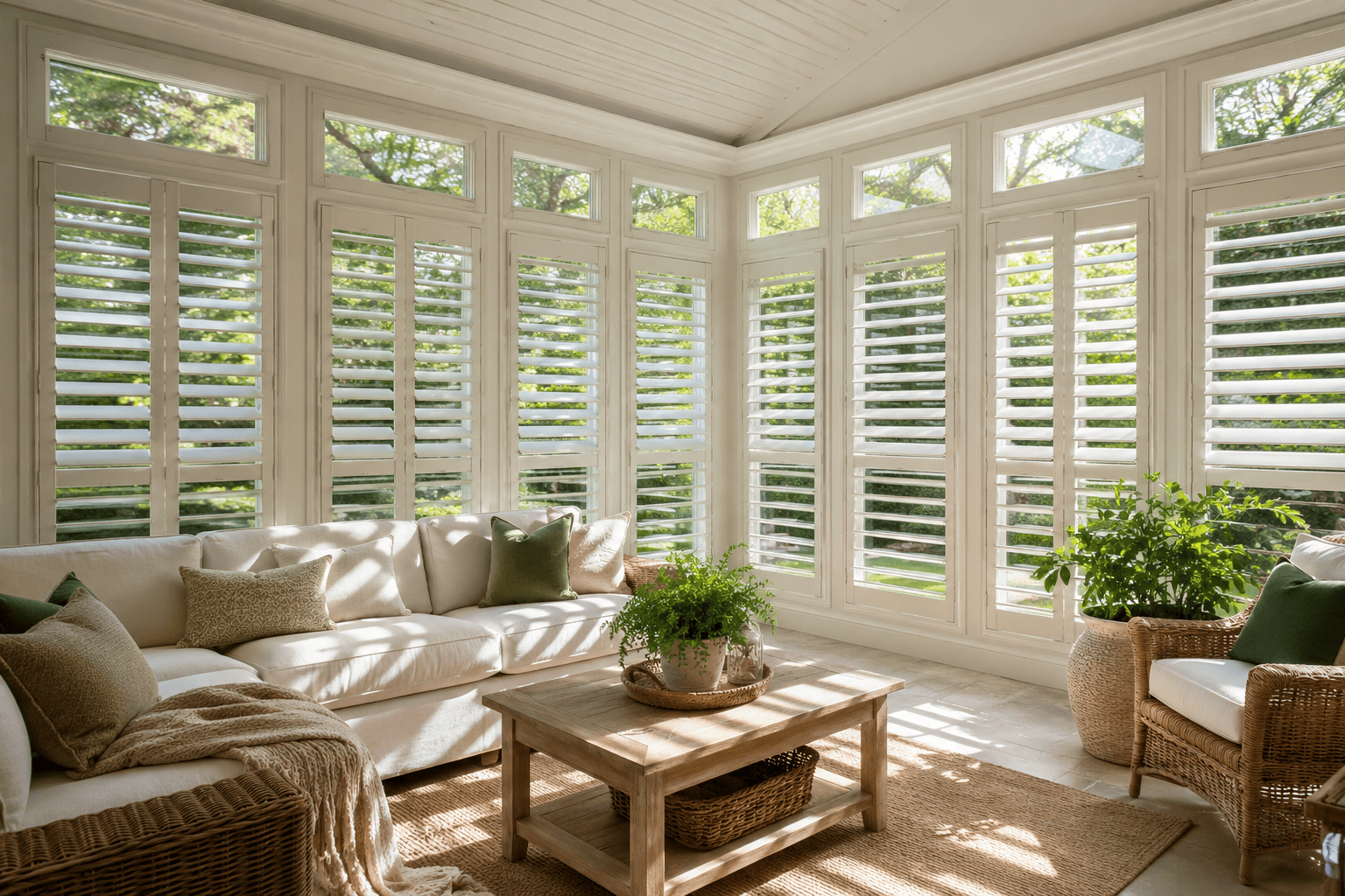 Bright sunroom with white window shutters