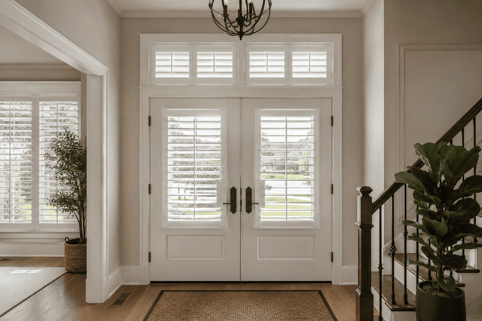 White transom window shutters above entry doors