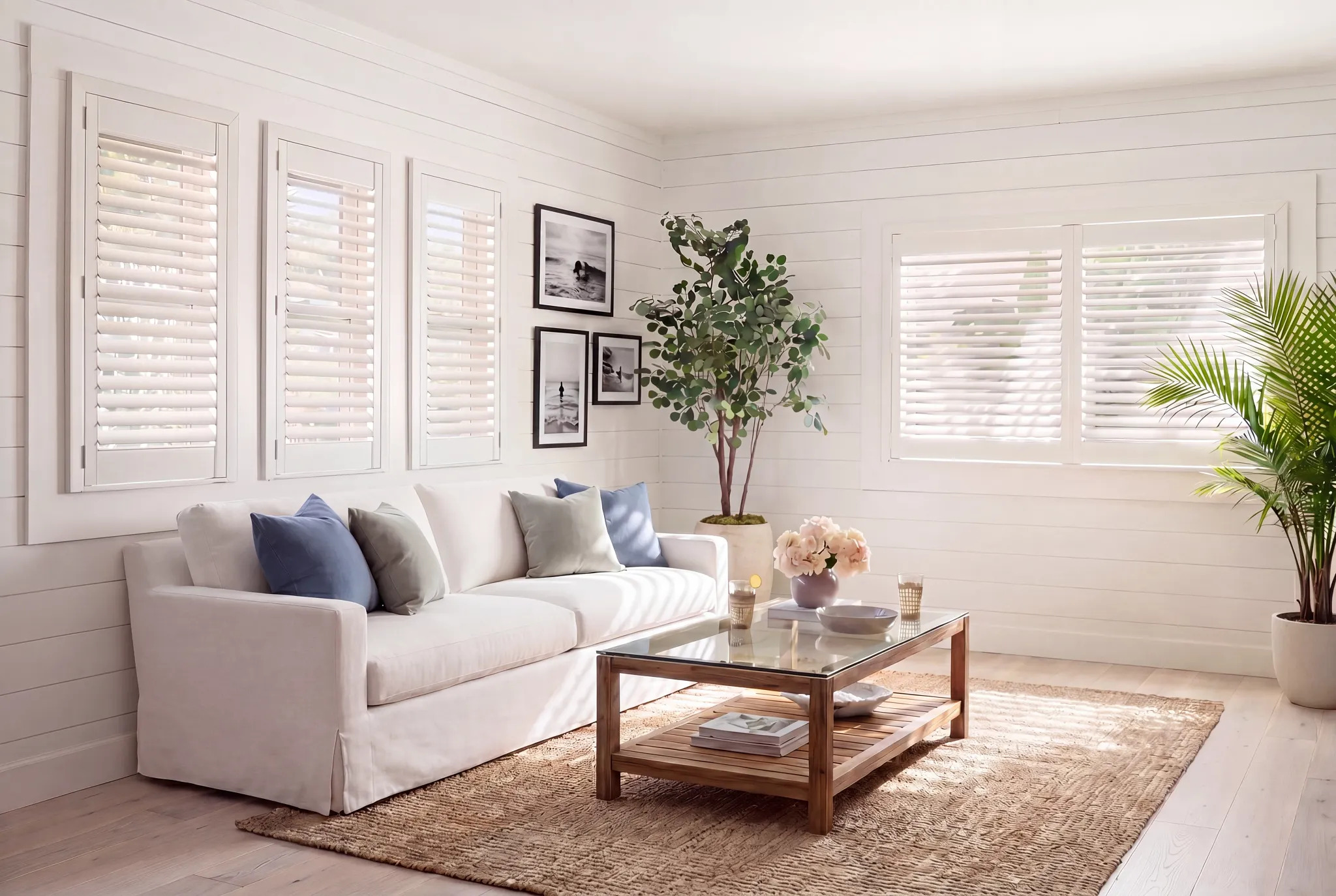 Farmhouse kitchen with white window shutters