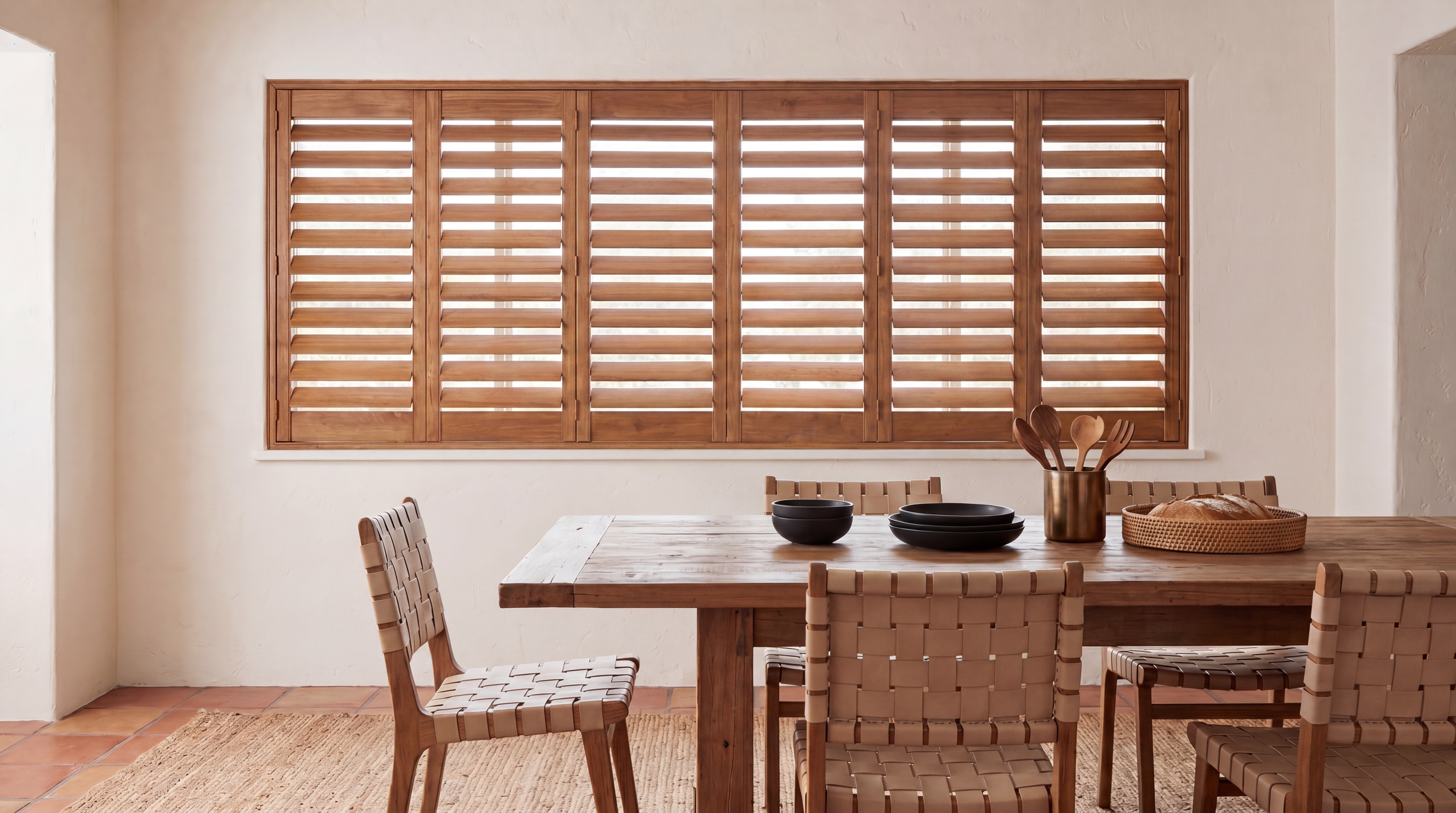 Natural wood plantation shutters in dining room