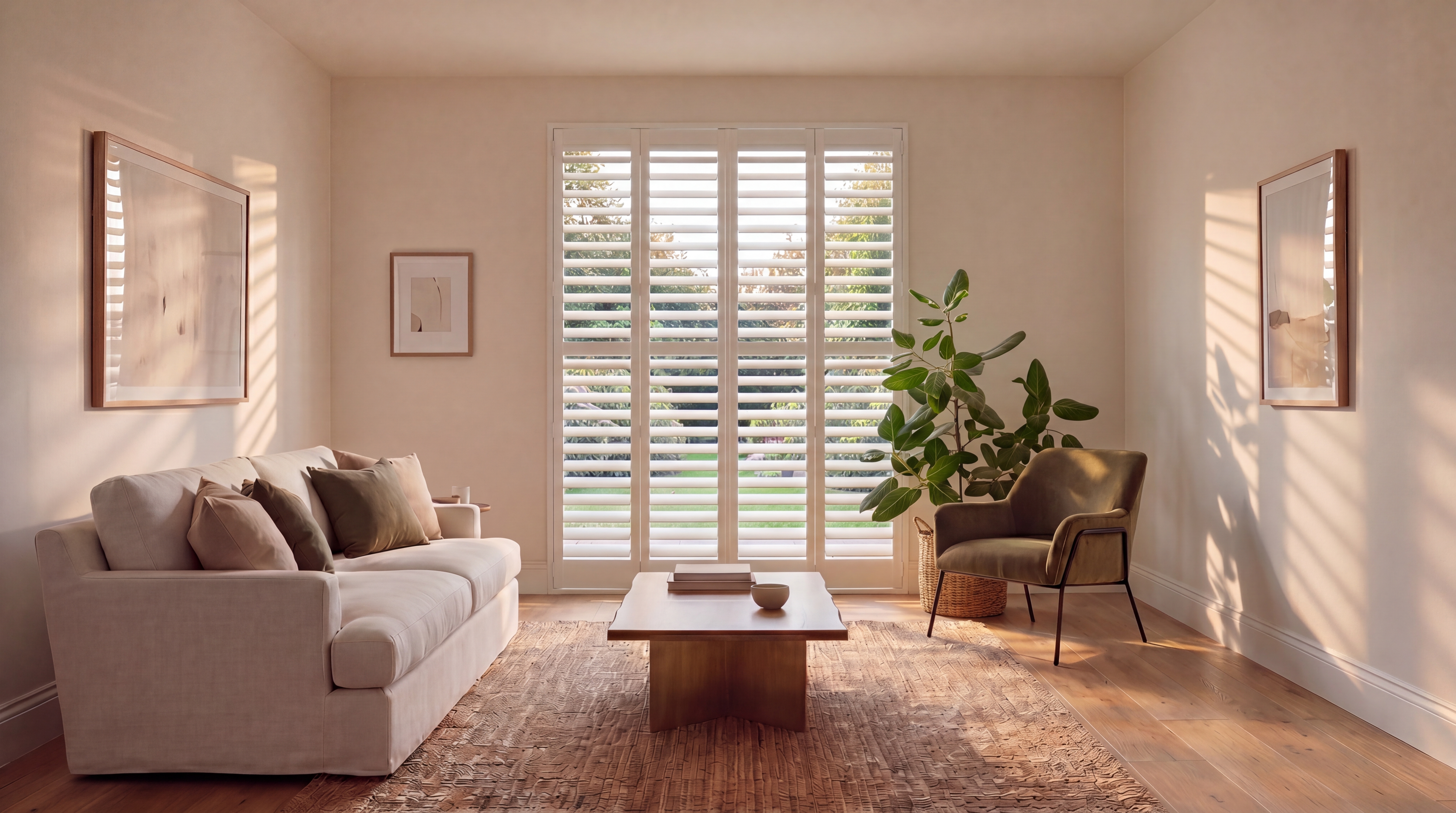 Outside mount shutters in bright living room